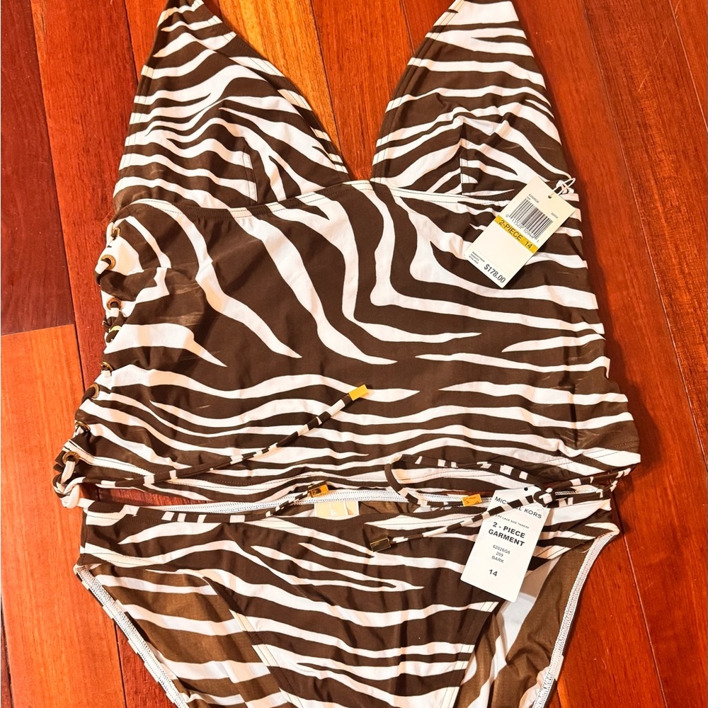 Michael Kors Brown and White Zebra Print Tankini Bikini Set